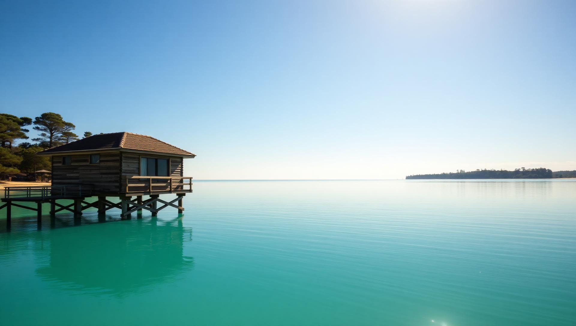 Cabane sur pilotis dans le bassin d'Arcachon au lever du jour