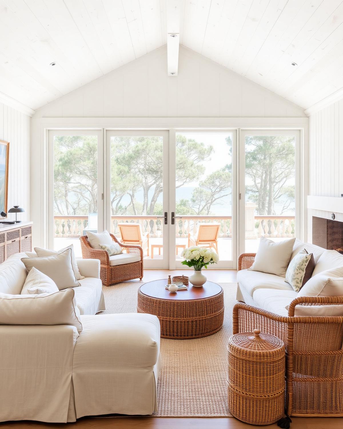 Salon lambrissé blanc d'une maison du Cap Ferret