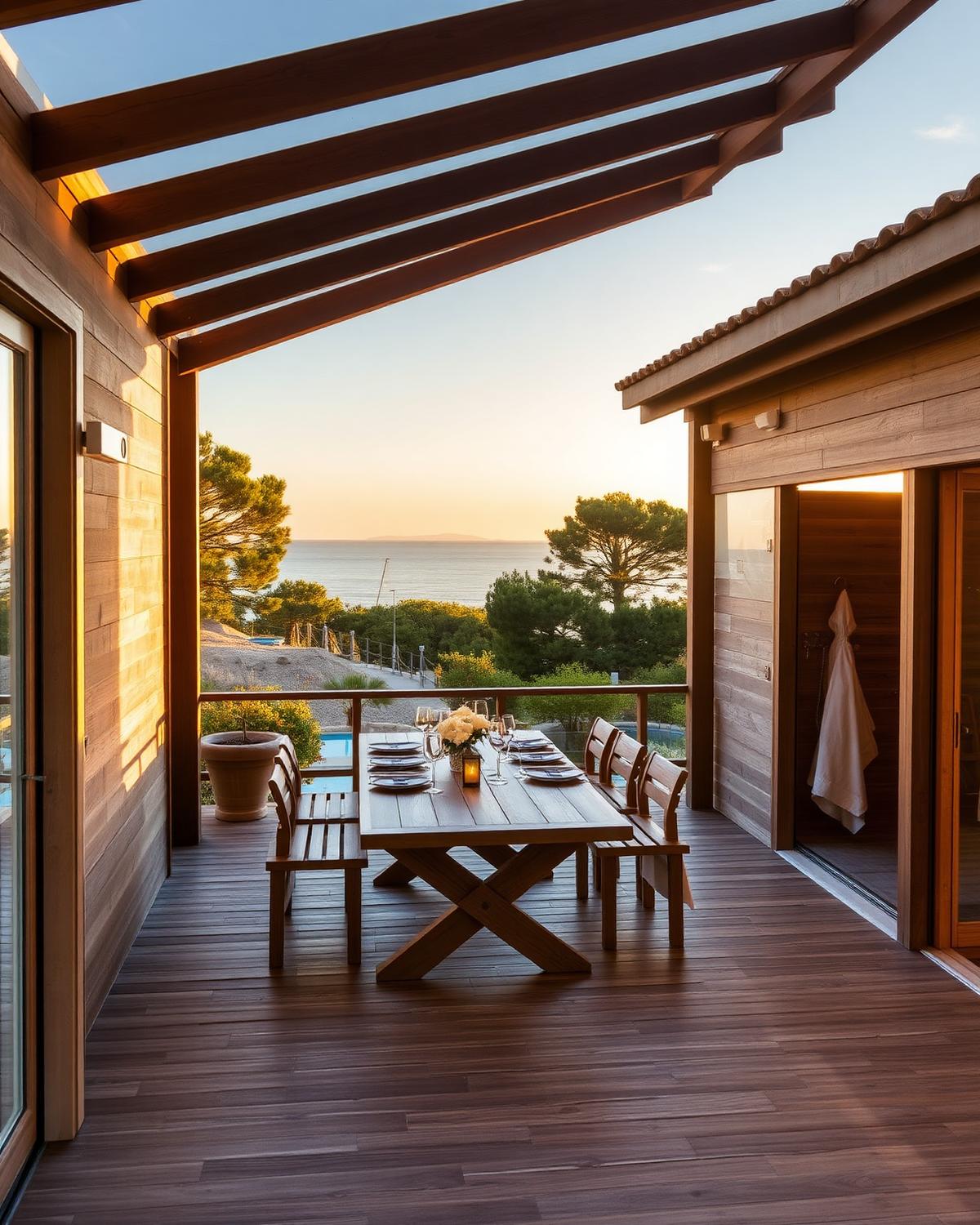 Terrasse en bois face au bassin au coucher du soleil