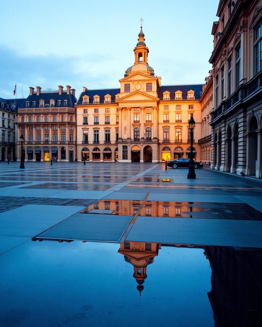 Façades de pierre et miroir d'eau à Bordeaux au petit matin